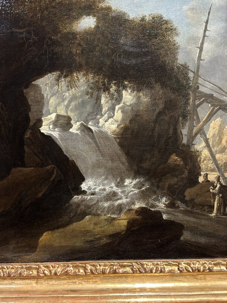 Paesaggio con cascata e personaggi, olio su tela del XVIIsecolo in cornice coeva.-photo-4