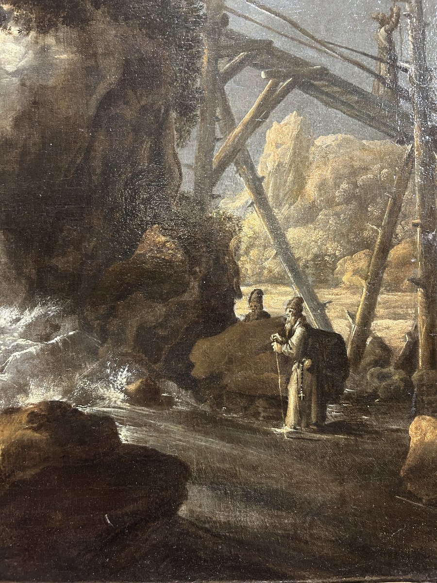 Paesaggio con cascata e personaggi, olio su tela del XVIIsecolo in cornice coeva.-photo-1