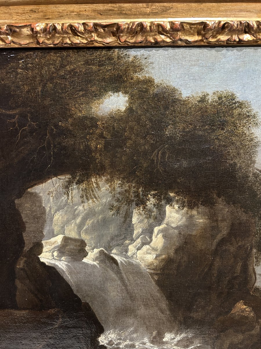 Paesaggio con cascata e personaggi, olio su tela del XVIIsecolo in cornice coeva.-photo-3