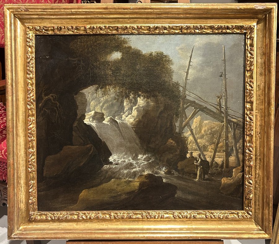 Paesaggio con cascata e personaggi, olio su tela del XVIIsecolo in cornice coeva.-photo-5