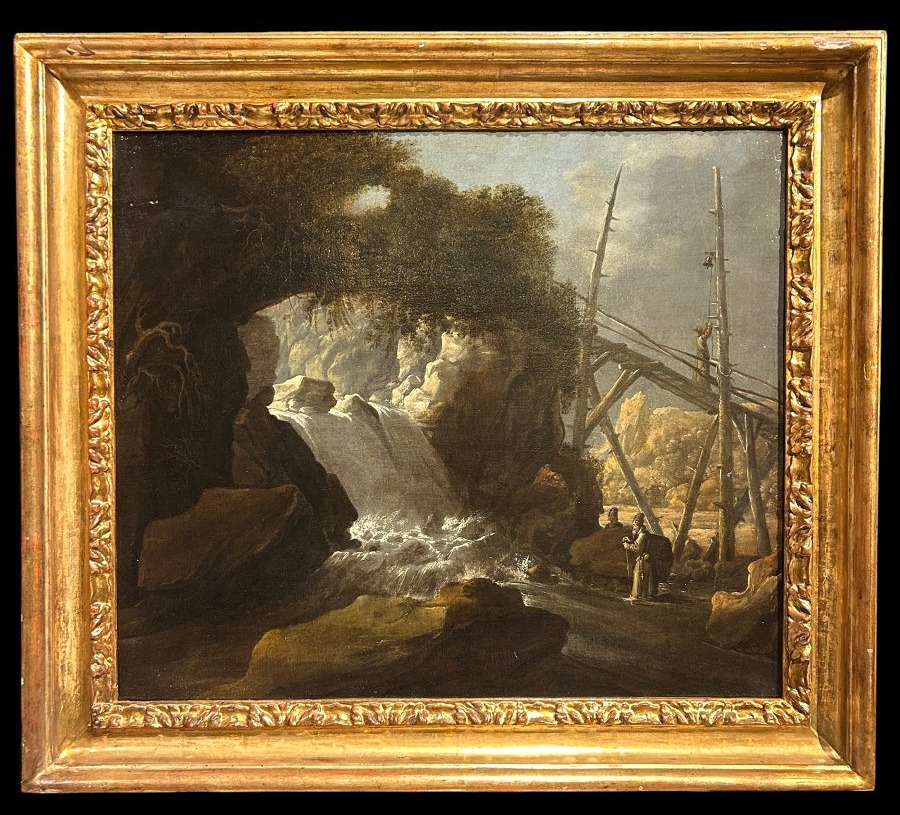 Paesaggio con cascata e personaggi, olio su tela del XVIIsecolo in cornice coeva.