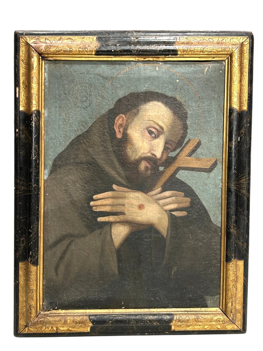 San Francesco in preghiera in cornice coeva. Emilia-Romagna, XVII secolo.
