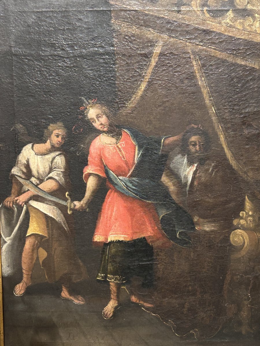 Olio su tela con cornice coeva raff. Giuditta con la testa di Oloferne-photo-3