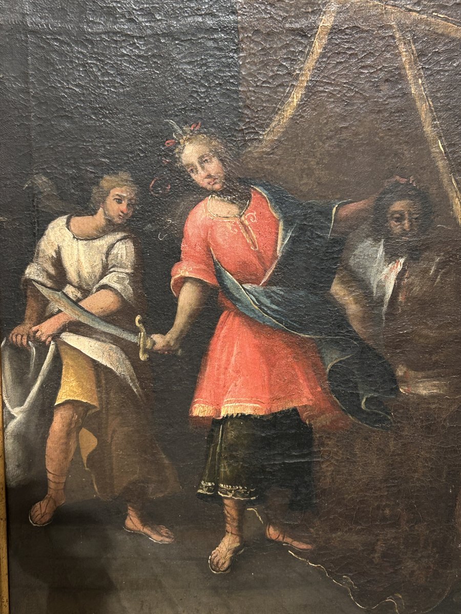 Olio su tela con cornice coeva raff. Giuditta con la testa di Oloferne-photo-2