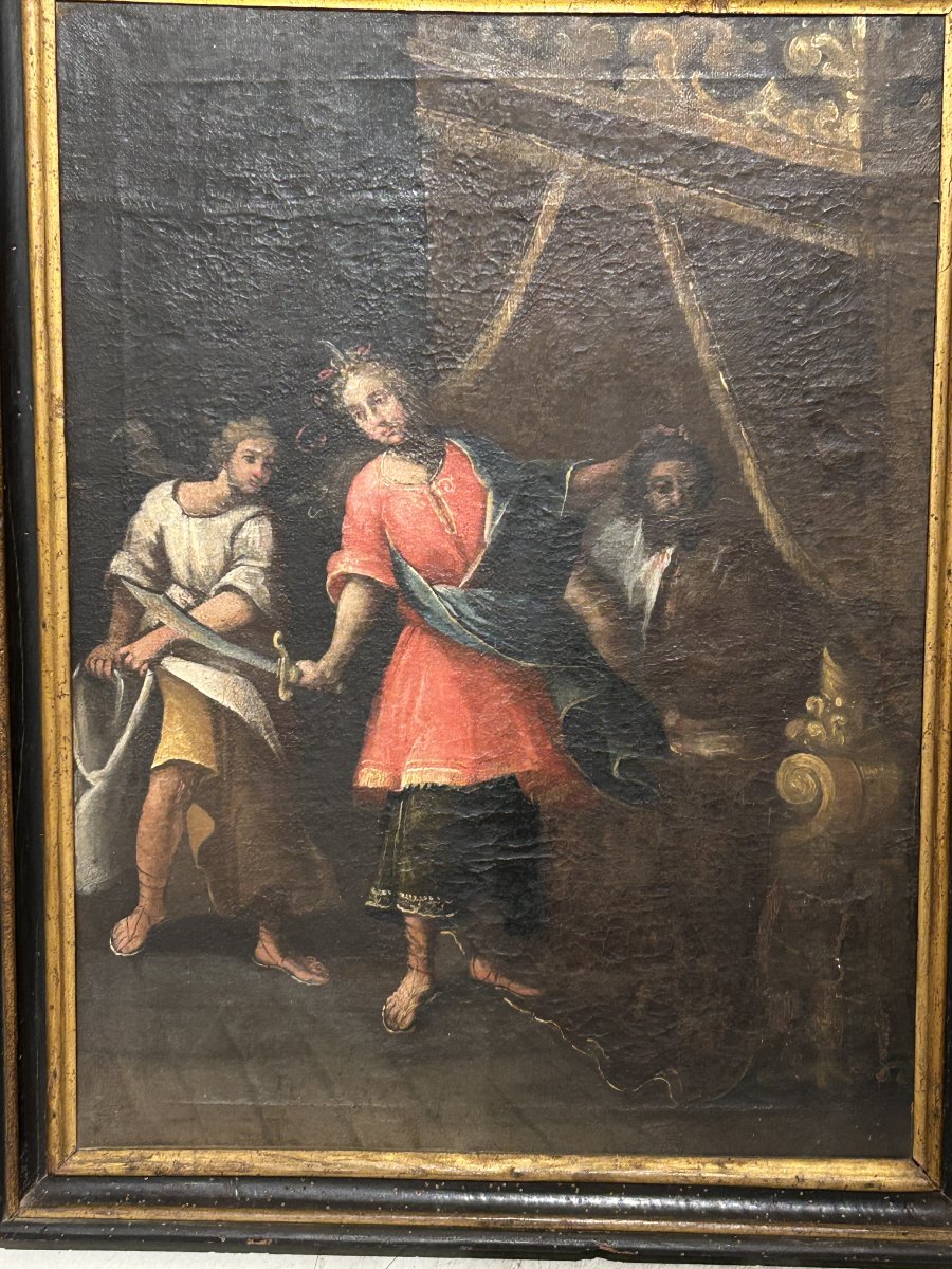 Olio su tela con cornice coeva raff. Giuditta con la testa di Oloferne-photo-1