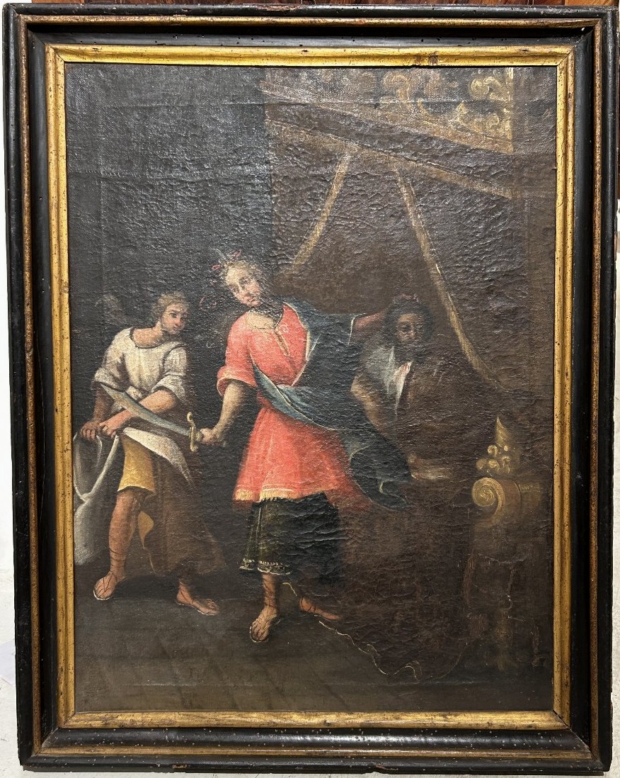 Olio su tela con cornice coeva raff. Giuditta con la testa di Oloferne