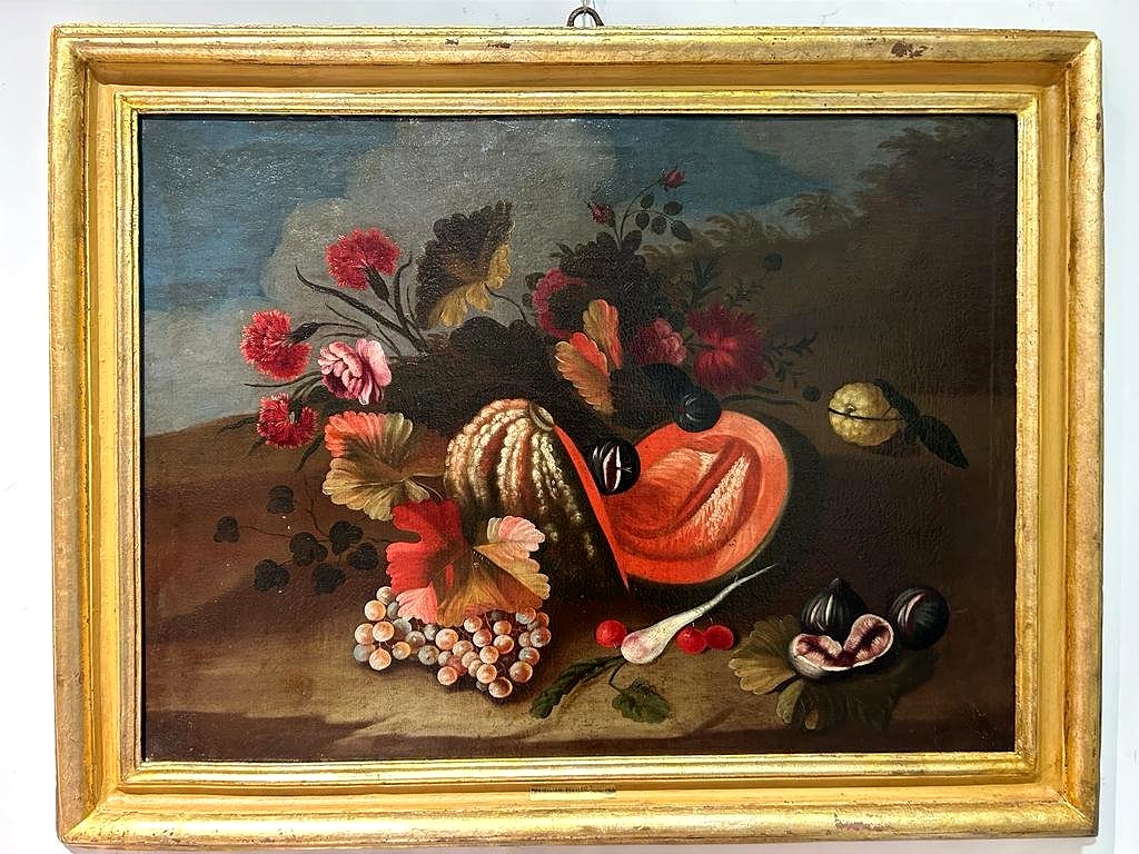 Natura morta di fiori e frutta, prima metà del '700.