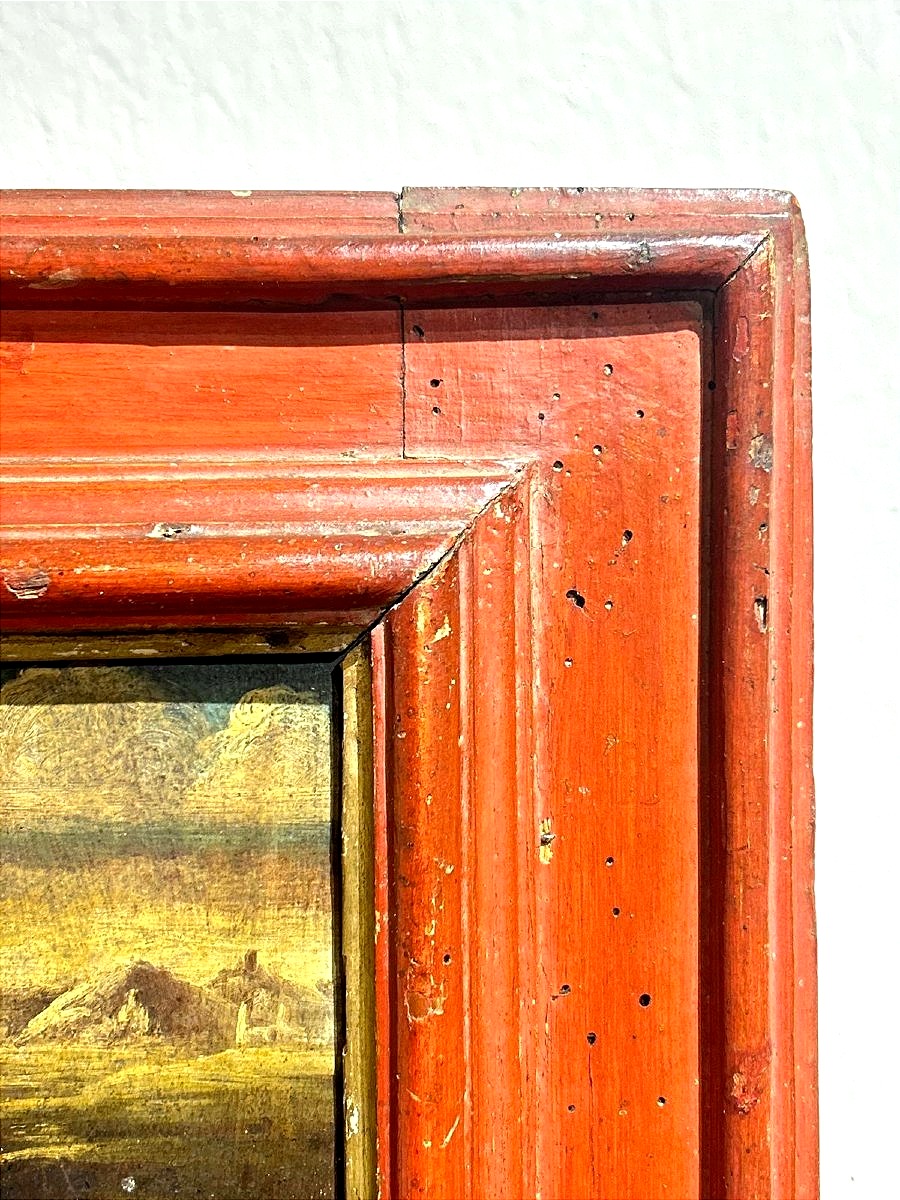 ''Samaritana al pozzo'', olio su tavola prima metà del XVII s. su cornice coeva in lacca rossa.-photo-4