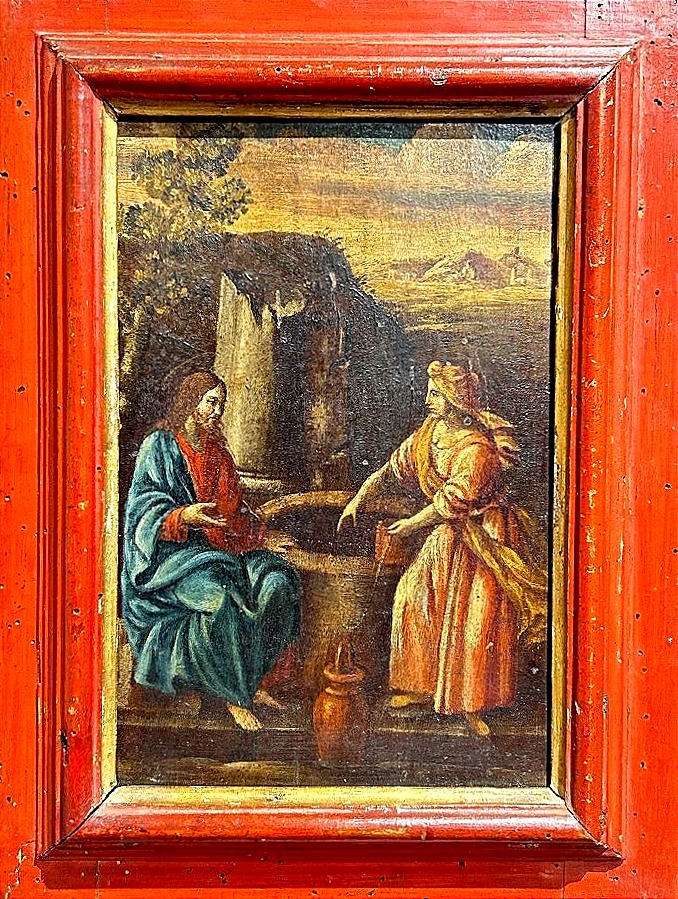 ''Samaritana al pozzo'', olio su tavola prima metà del XVII s. su cornice coeva in lacca rossa.-photo-2