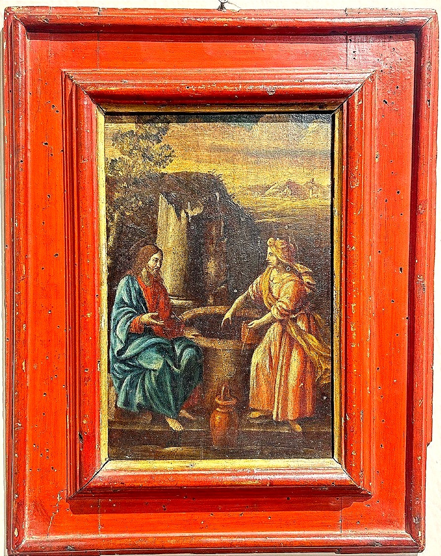 ''Samaritana al pozzo'', olio su tavola prima metà del XVII s. su cornice coeva in lacca rossa.