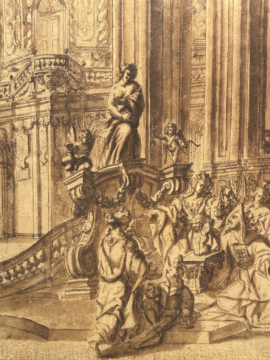 Disegno preparatorio ad inchiostro su carta. Quadraturista settentrionale del XVIII secolo.-photo-2