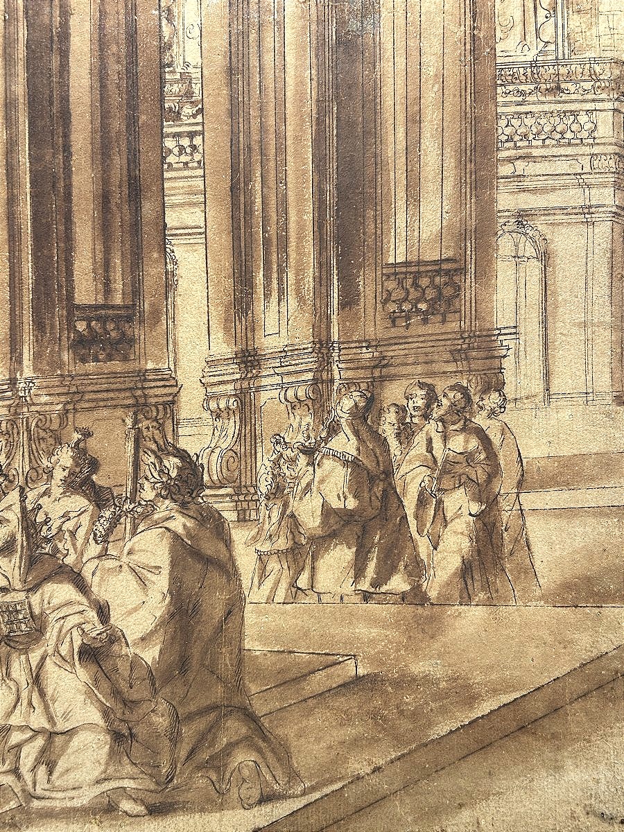 Disegno preparatorio ad inchiostro su carta. Quadraturista settentrionale del XVIII secolo.-photo-3