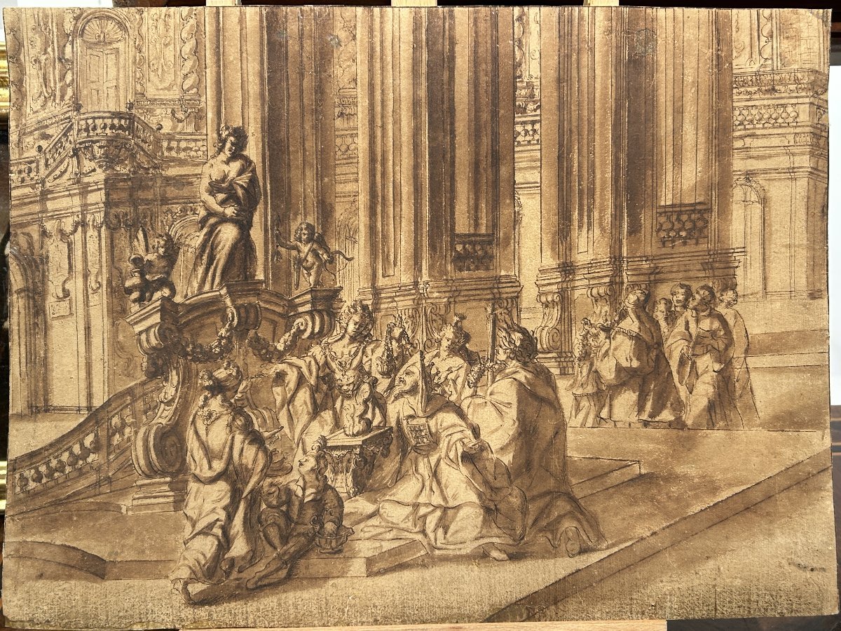 Disegno preparatorio ad inchiostro su carta. Quadraturista settentrionale del XVIII secolo.-photo-4