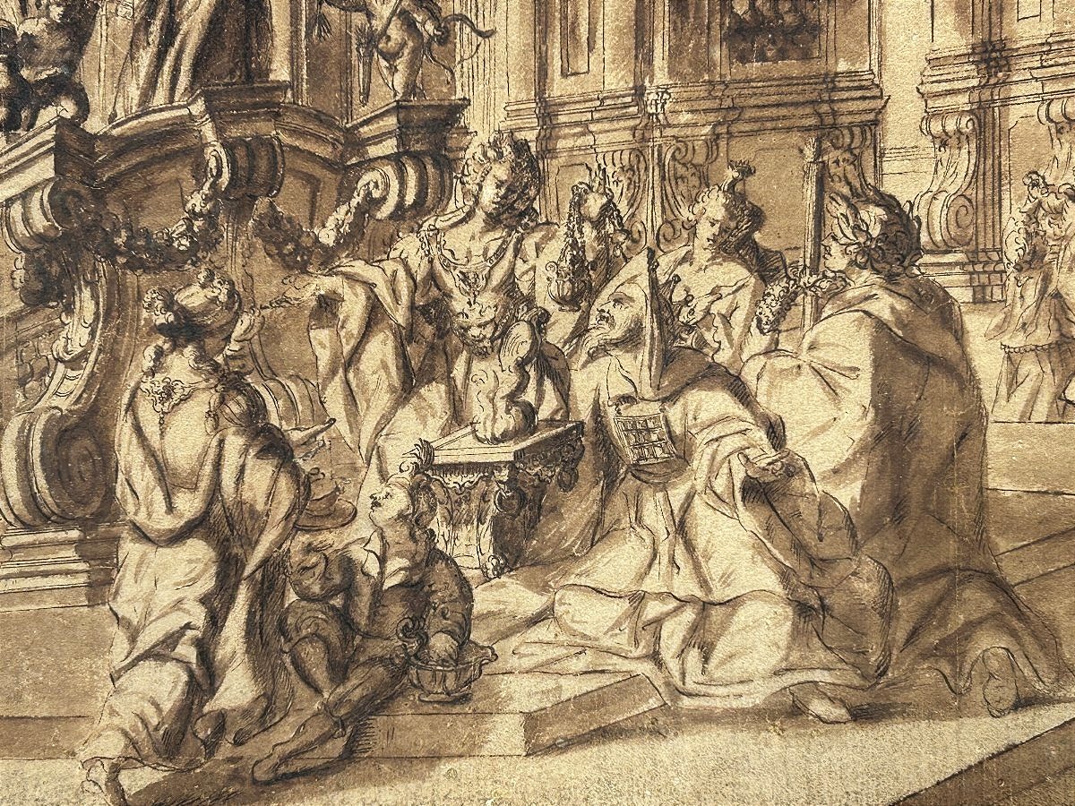 Disegno preparatorio ad inchiostro su carta. Quadraturista settentrionale del XVIII secolo.-photo-1