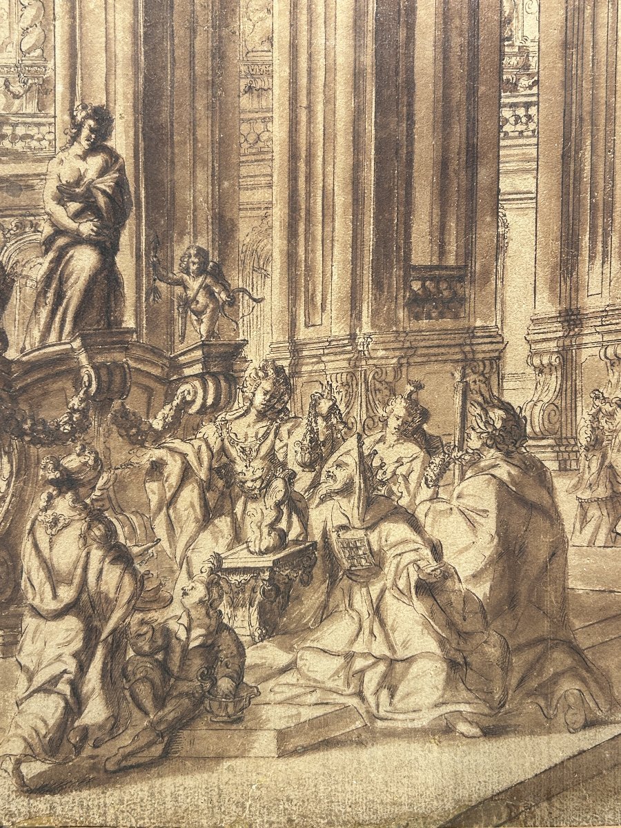 Disegno preparatorio ad inchiostro su carta. Quadraturista settentrionale del XVIII secolo.-photo-2
