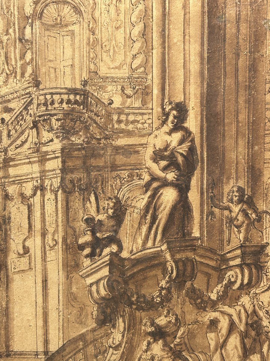 Disegno preparatorio ad inchiostro su carta. Quadraturista settentrionale del XVIII secolo.-photo-3