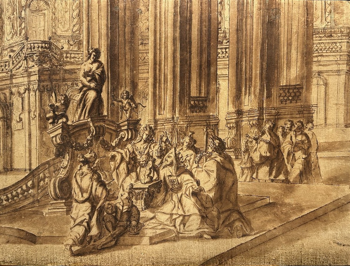 Disegno preparatorio ad inchiostro su carta. Quadraturista settentrionale del XVIII secolo.