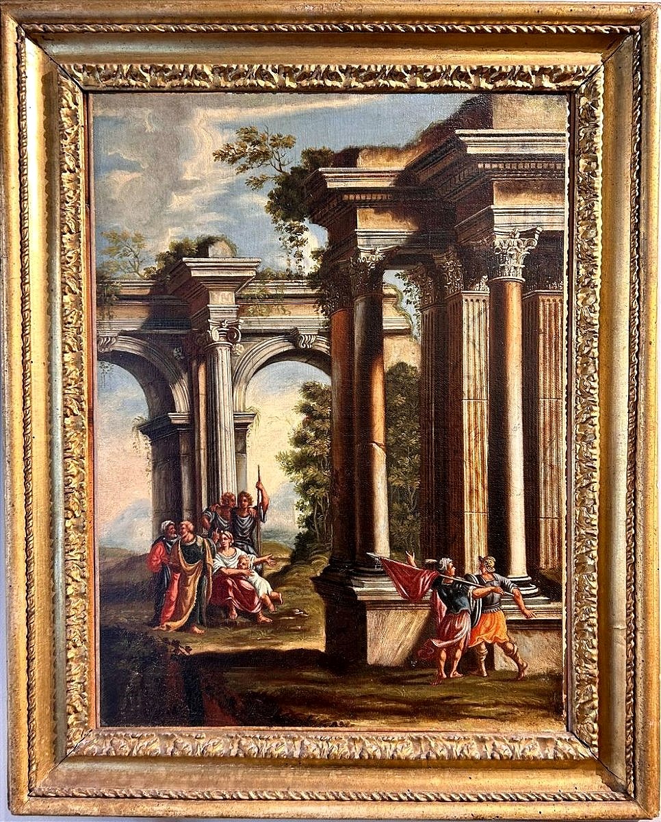 Coppia di capricci architettonici con scene bibliche e cornici romane coeve.-photo-2