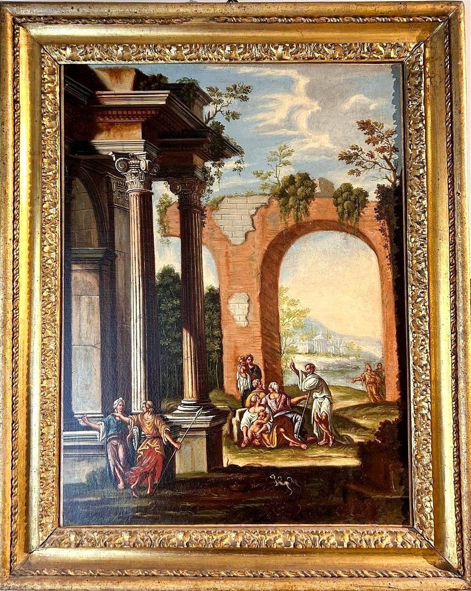 Coppia di capricci architettonici con scene bibliche e cornici romane coeve.-photo-3