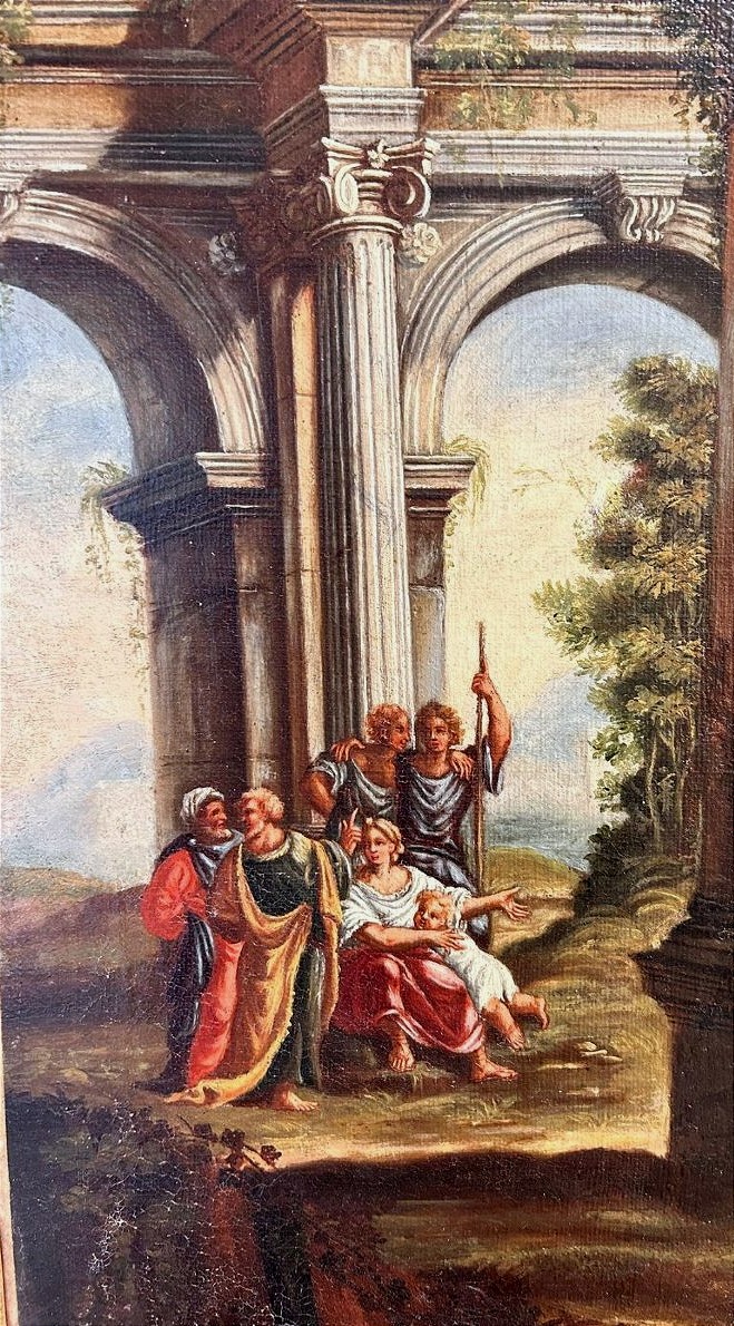 Coppia di capricci architettonici con scene bibliche e cornici romane coeve.-photo-4