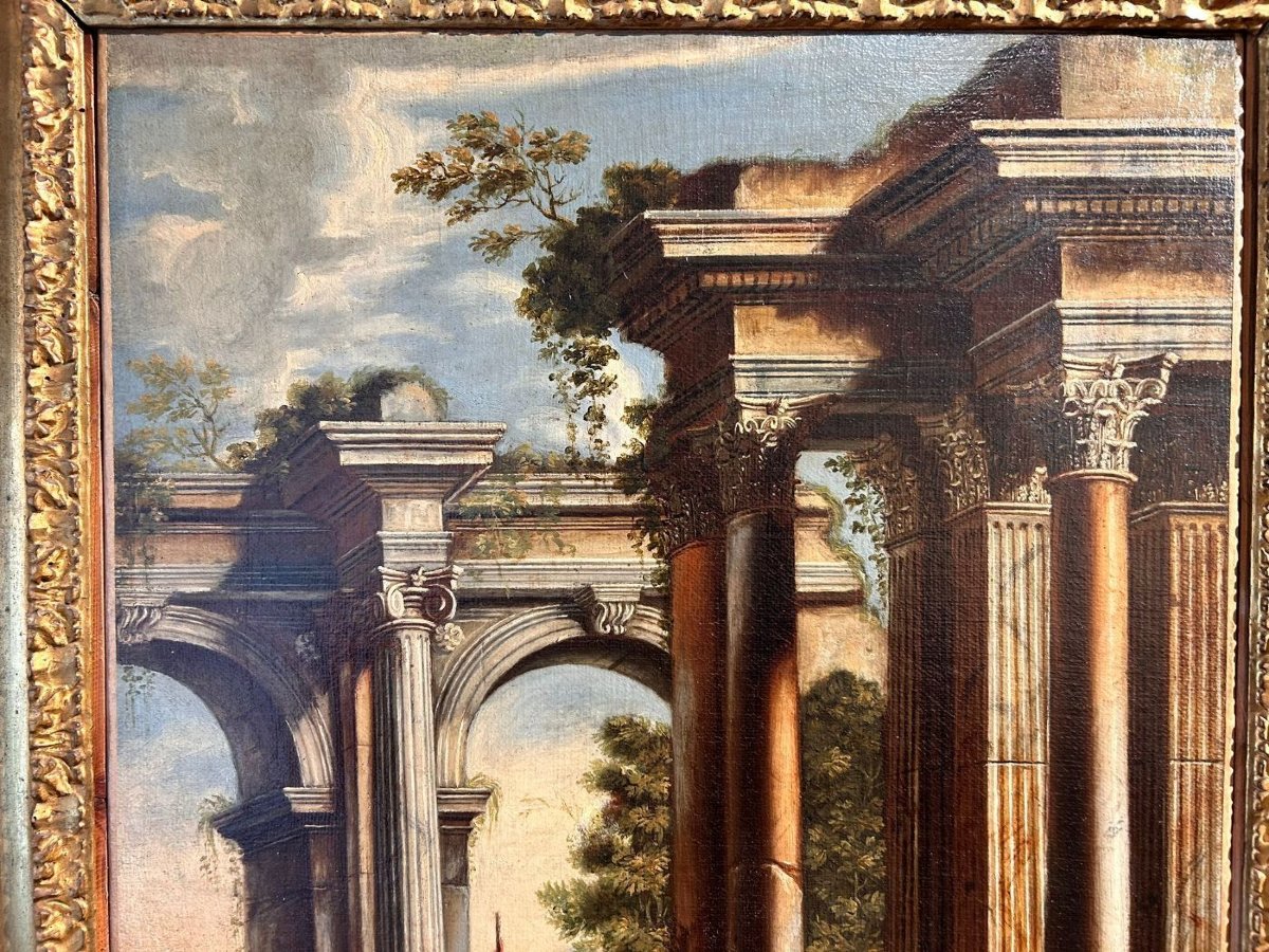 Coppia di capricci architettonici con scene bibliche e cornici romane coeve.-photo-1