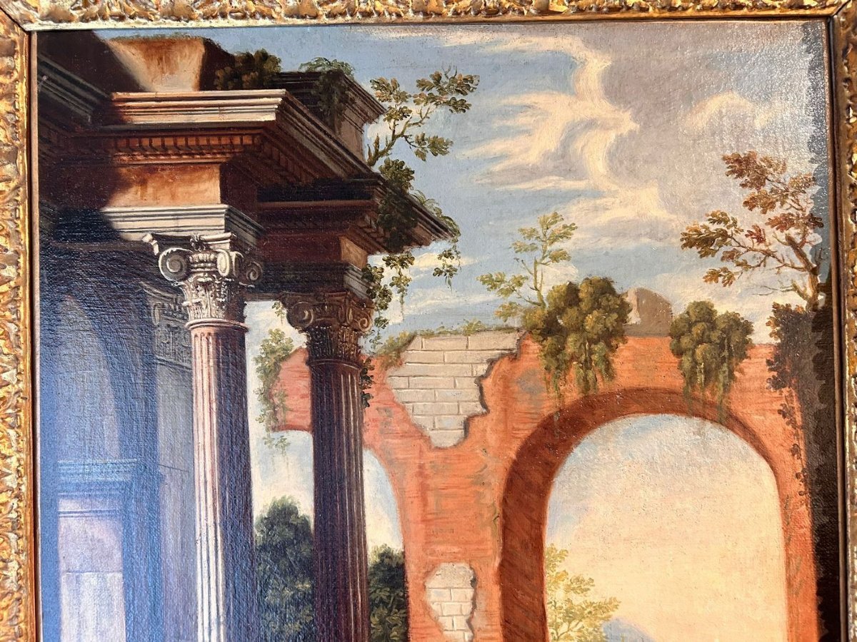 Coppia di capricci architettonici con scene bibliche e cornici romane coeve.-photo-2