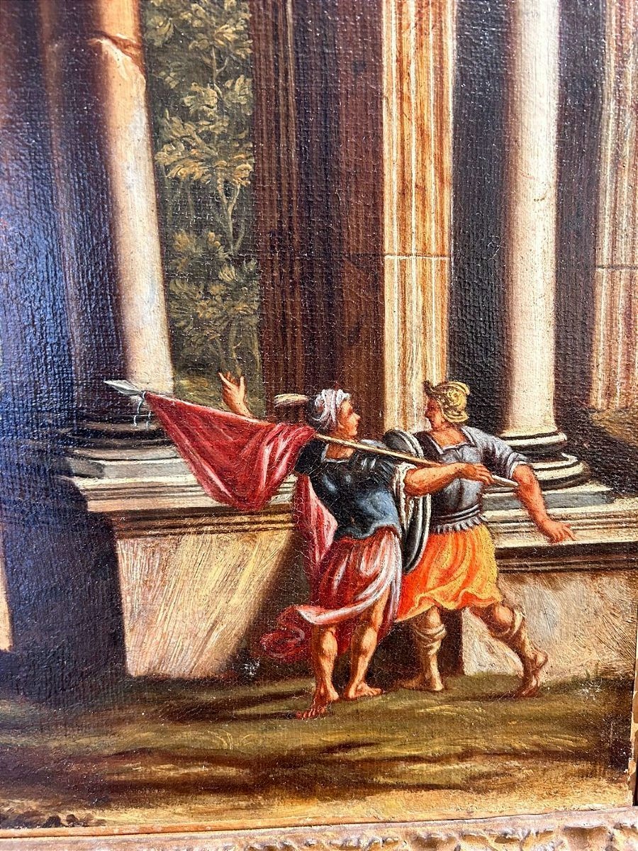 Coppia di capricci architettonici con scene bibliche e cornici romane coeve.-photo-5