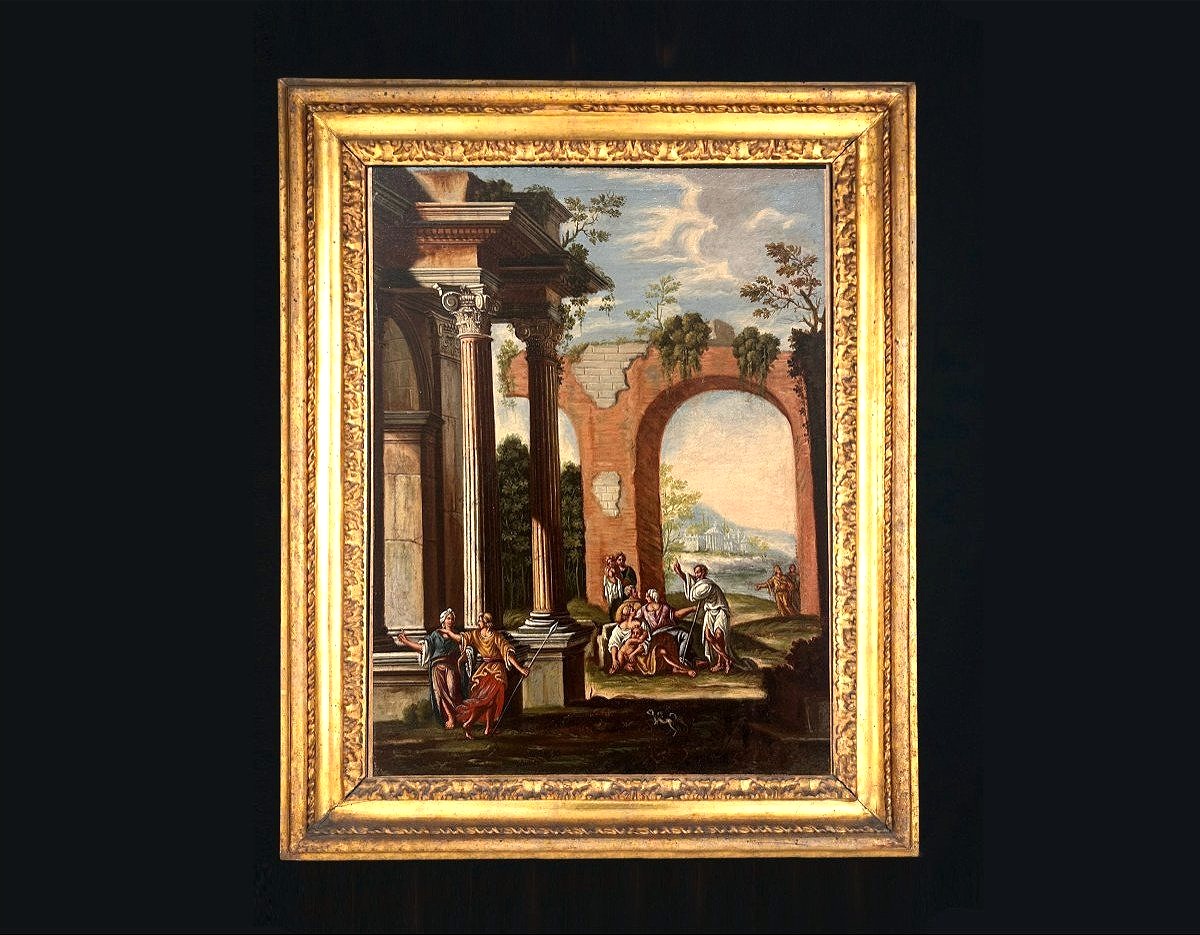 Coppia di capricci architettonici con scene bibliche e cornici romane coeve.-photo-7