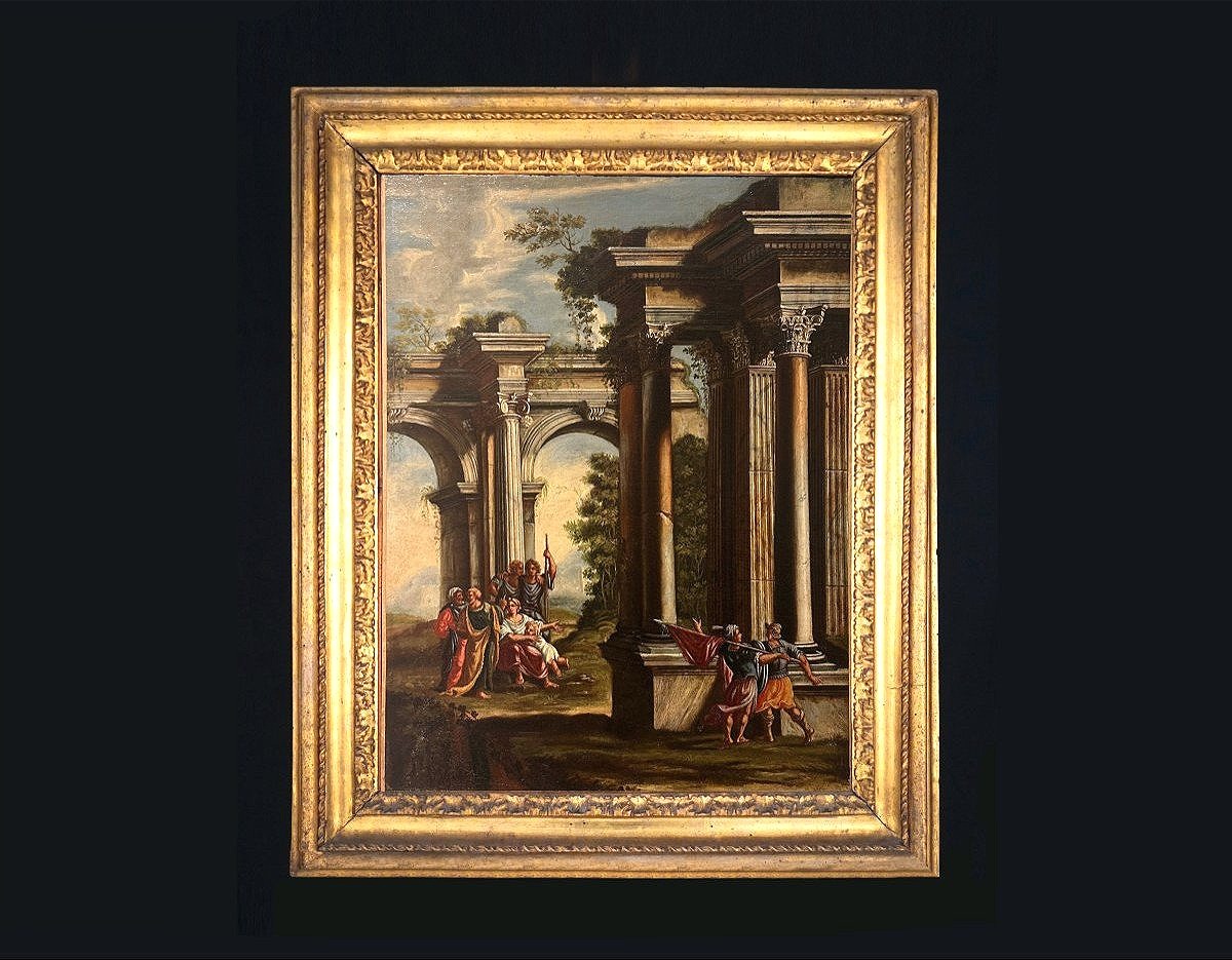 Coppia di capricci architettonici con scene bibliche e cornici romane coeve.-photo-8