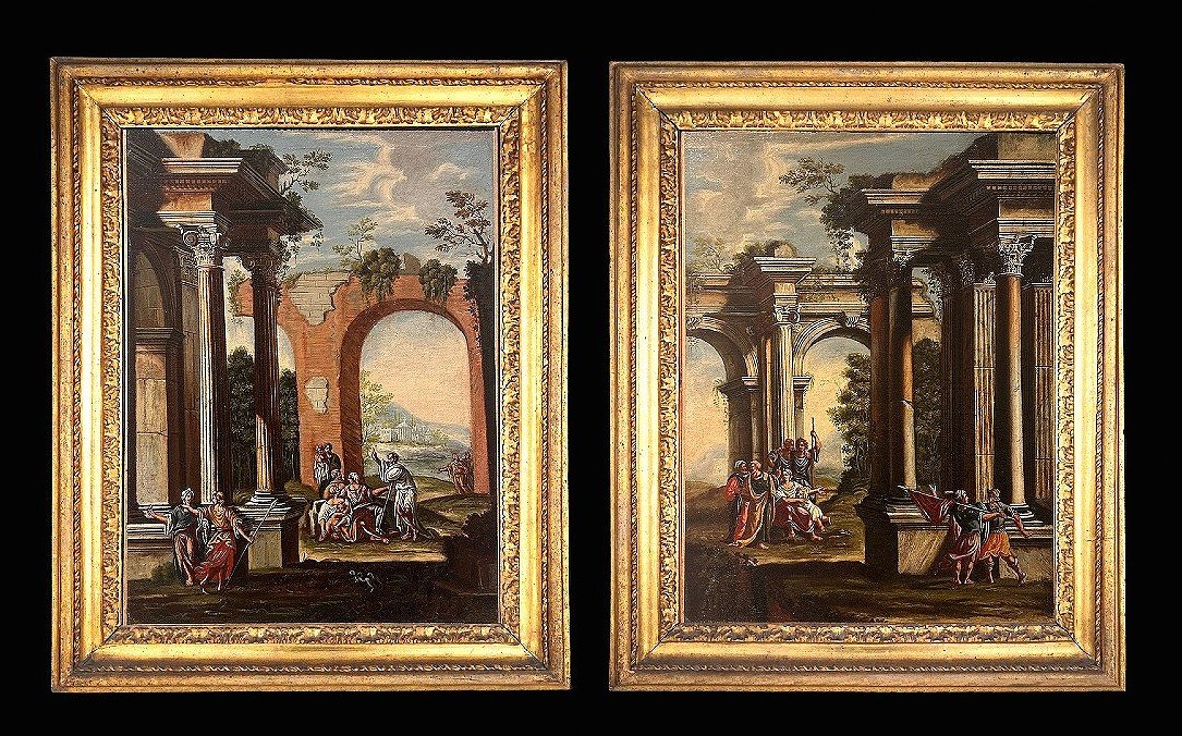 Coppia di capricci architettonici con scene bibliche e cornici romane coeve.