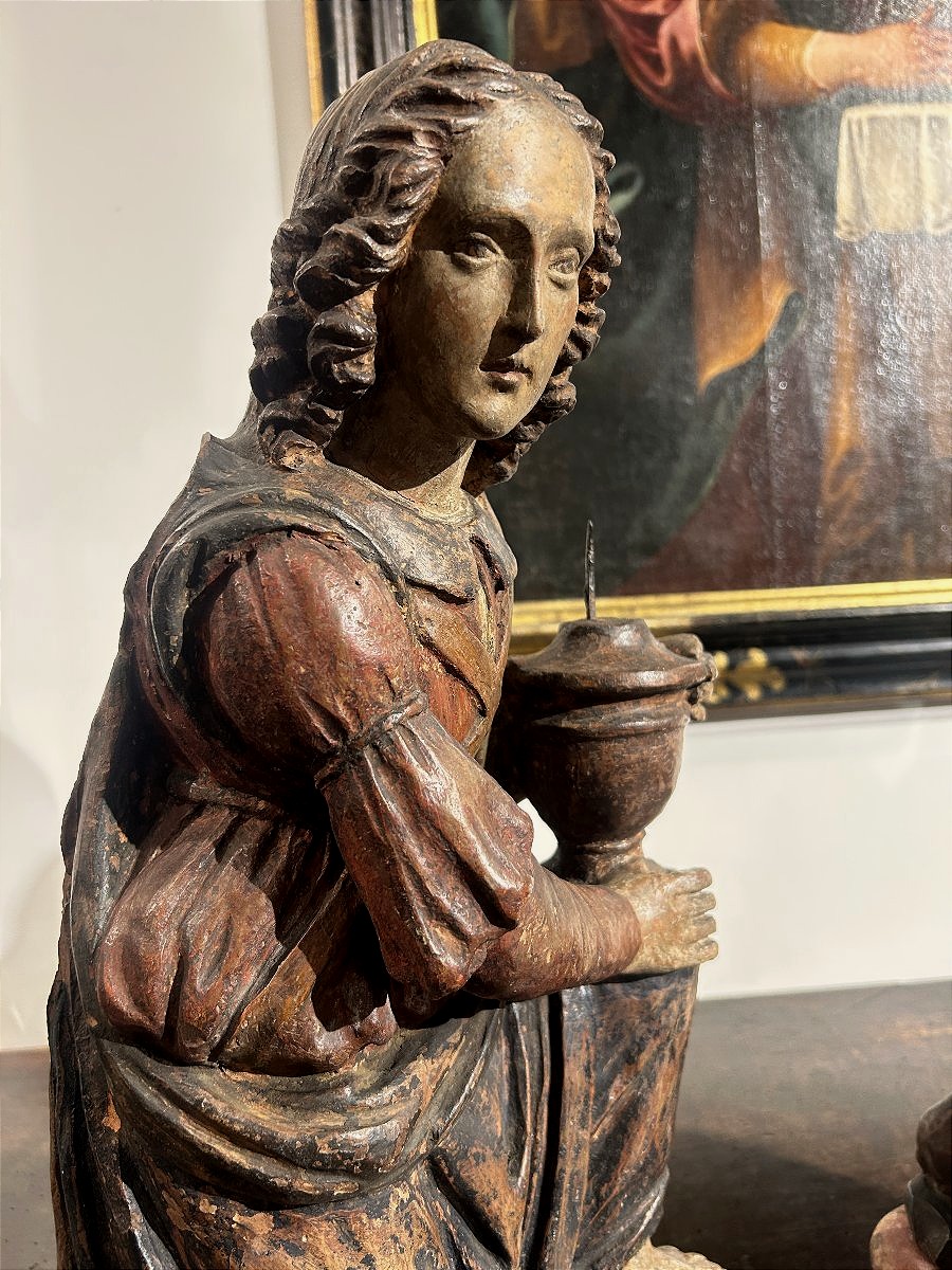 Coppia di angeli genuflessi in terracotta policroma. Firenze, primo quarto del XVI secolo.-photo-3