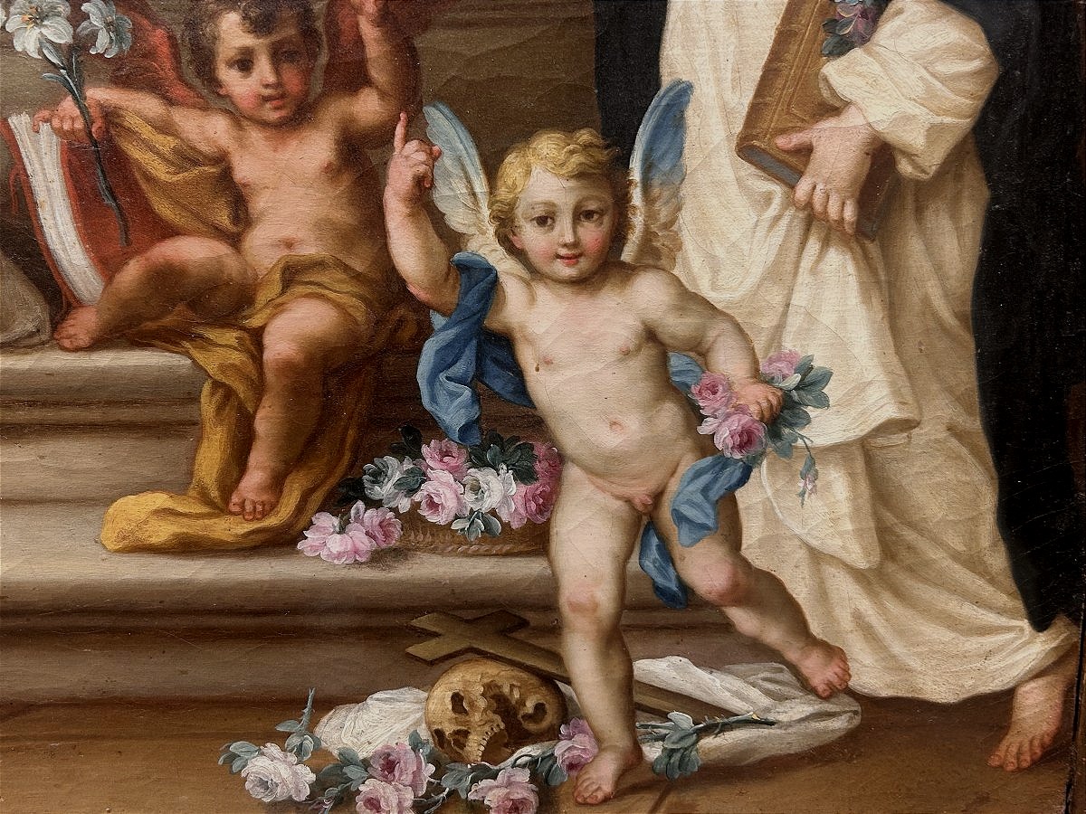 Sebastiano Conca - "Madonna del Rosario" su rara cornice intagliata e intarsiata di vetri.-photo-2