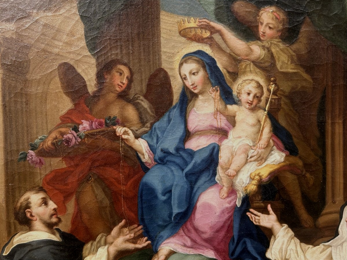 Sebastiano Conca - "Madonna del Rosario" su rara cornice intagliata e intarsiata di vetri.-photo-3