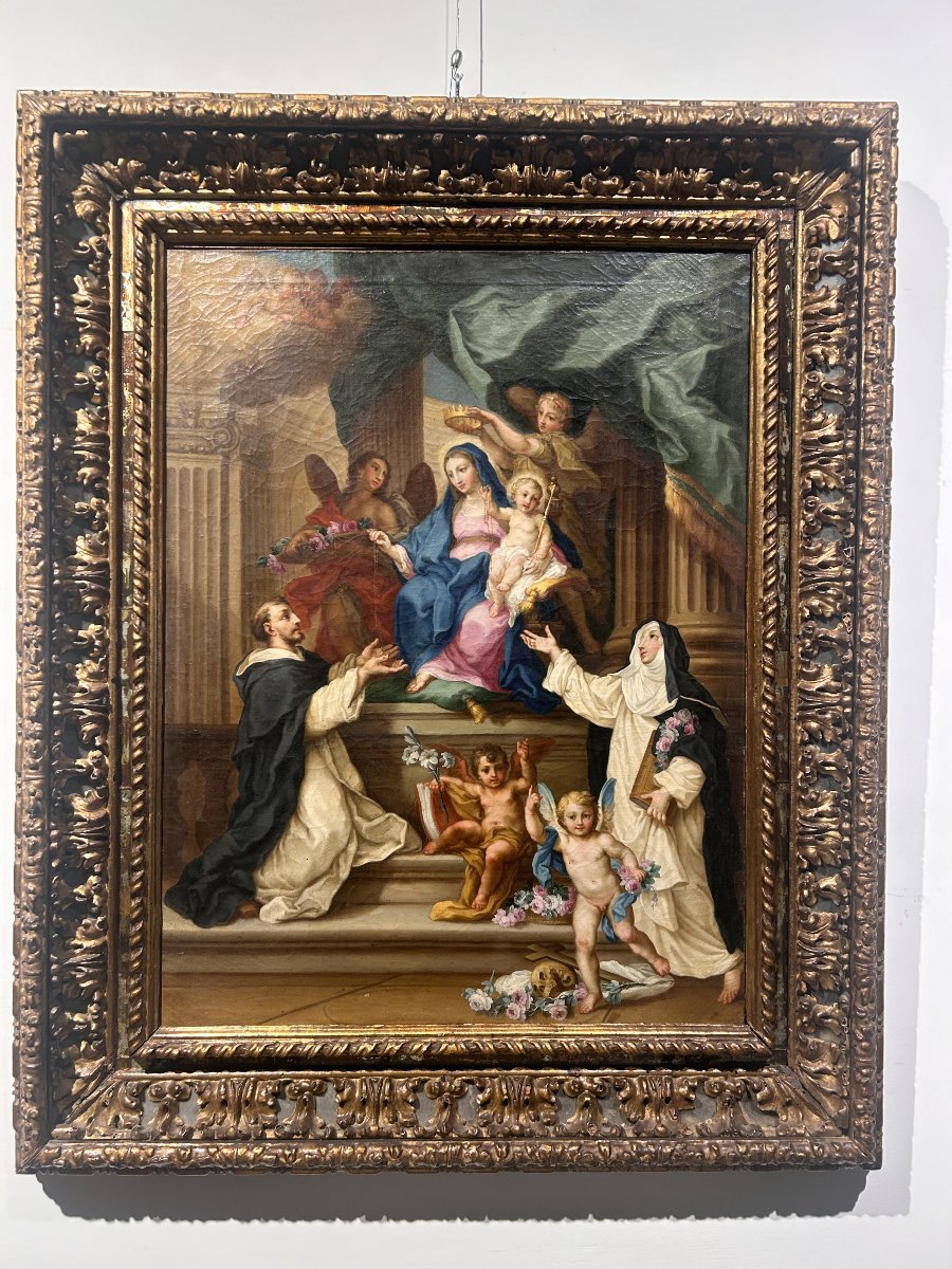 Sebastiano Conca - "Madonna del Rosario" su rara cornice intagliata e intarsiata di vetri.-photo-4