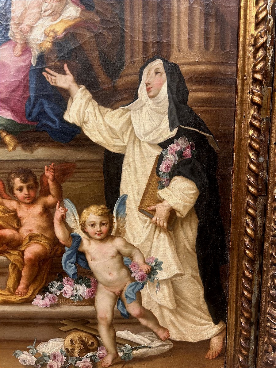 Sebastiano Conca - "Madonna del Rosario" su rara cornice intagliata e intarsiata di vetri.-photo-1