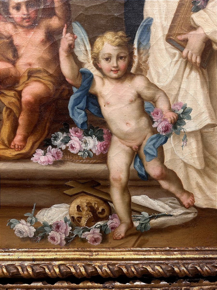 Sebastiano Conca - "Madonna del Rosario" su rara cornice intagliata e intarsiata di vetri.-photo-2