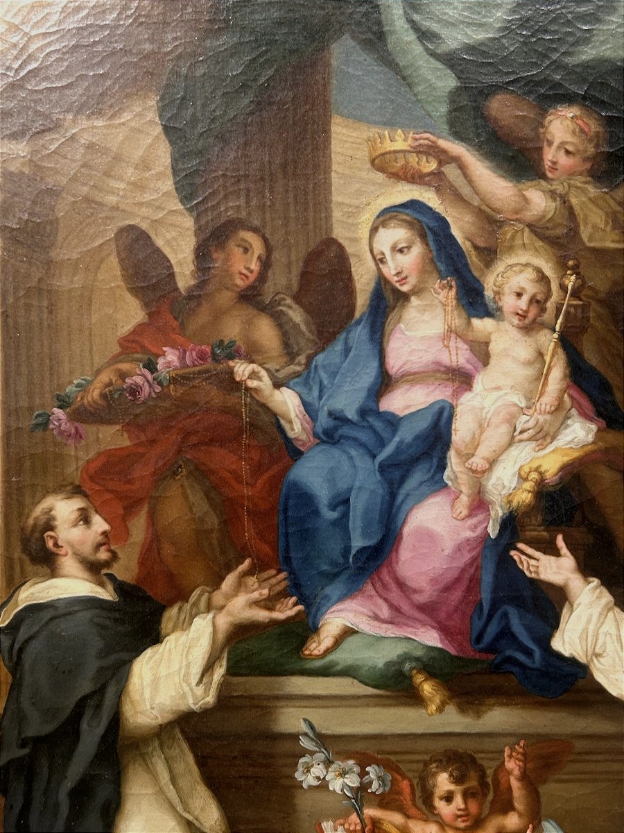 Sebastiano Conca - "Madonna del Rosario" su rara cornice intagliata e intarsiata di vetri.-photo-5