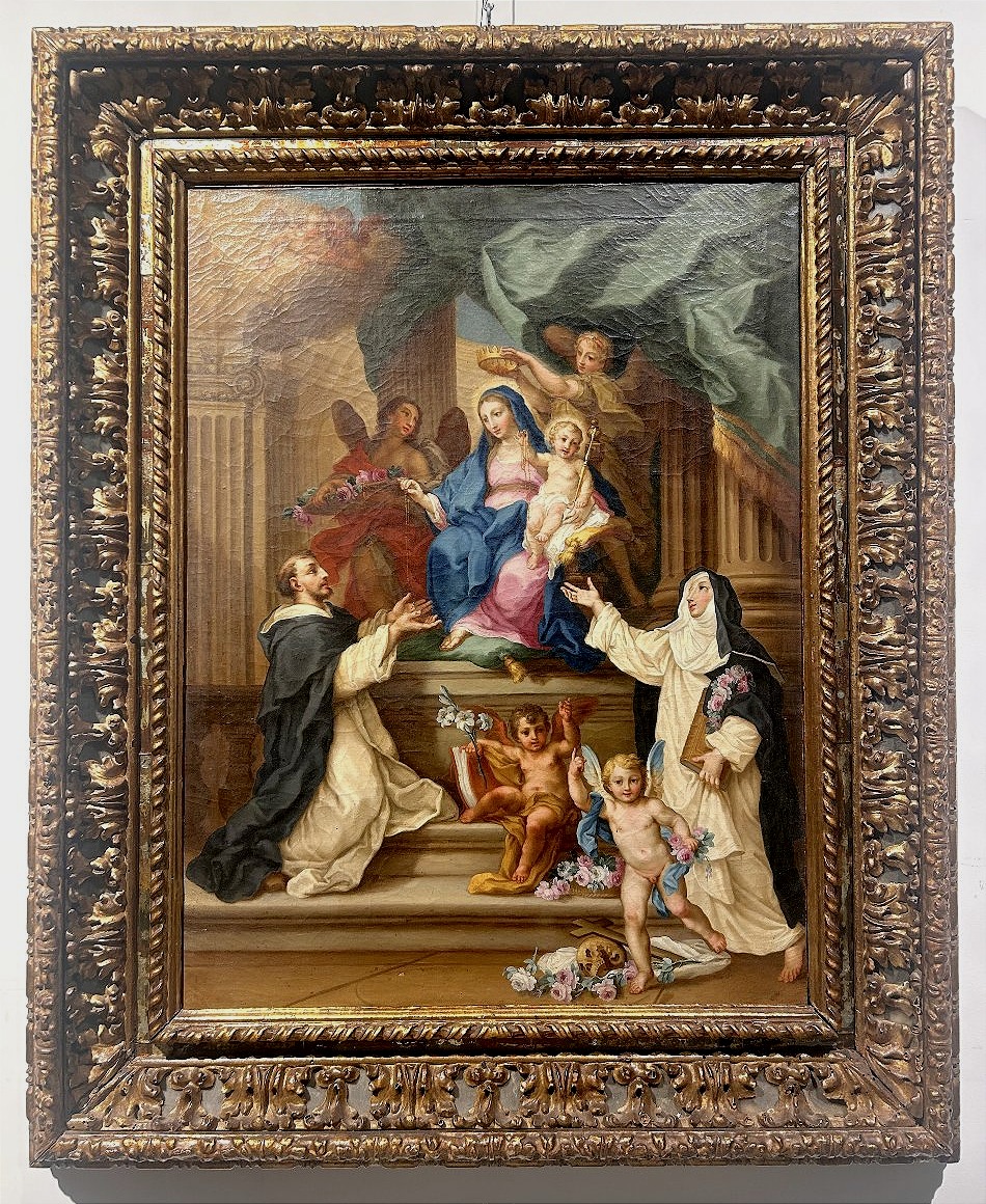 Sebastiano Conca - "Madonna del Rosario" su rara cornice intagliata e intarsiata di vetri.