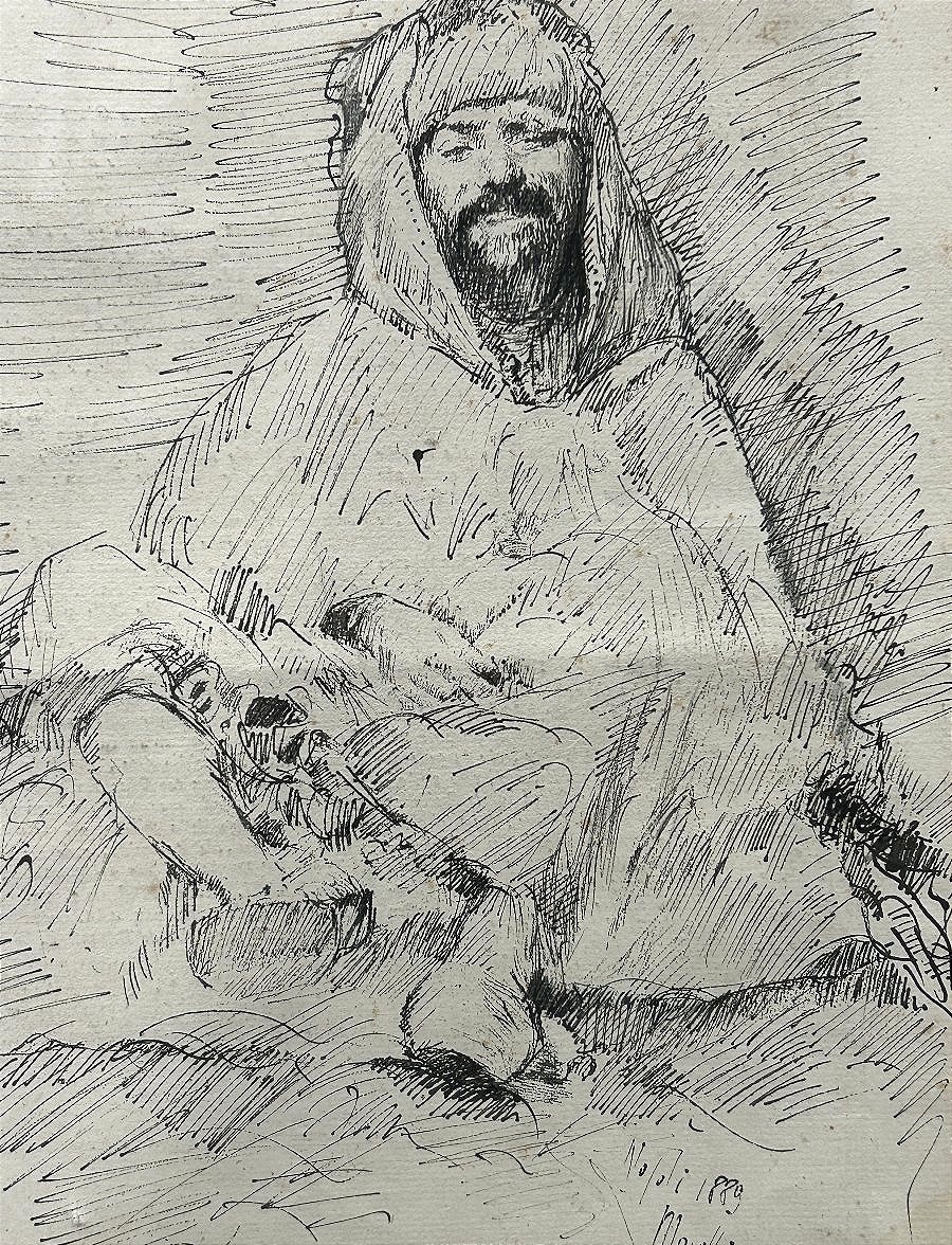 Disegno di Domenico Morelli, Napoli 1889, Orientale a riposo.-photo-4