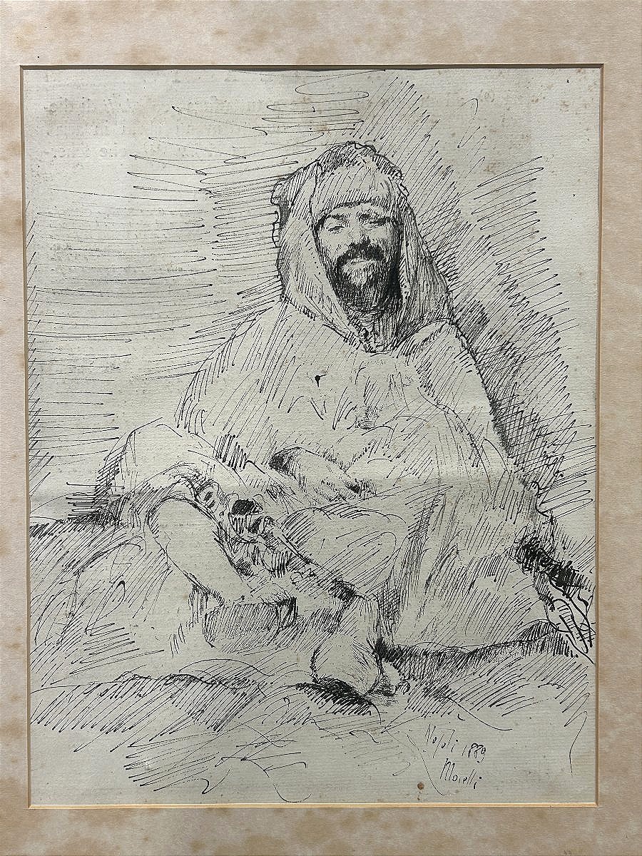Disegno di Domenico Morelli, Napoli 1889, Orientale a riposo.