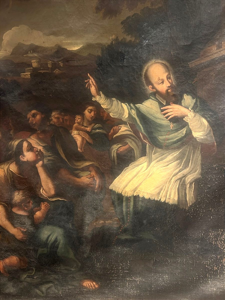 Dipinto in prima tela del XVIIs. Predica di San Francesco di Sales su cornice romana sabbiata -photo-2