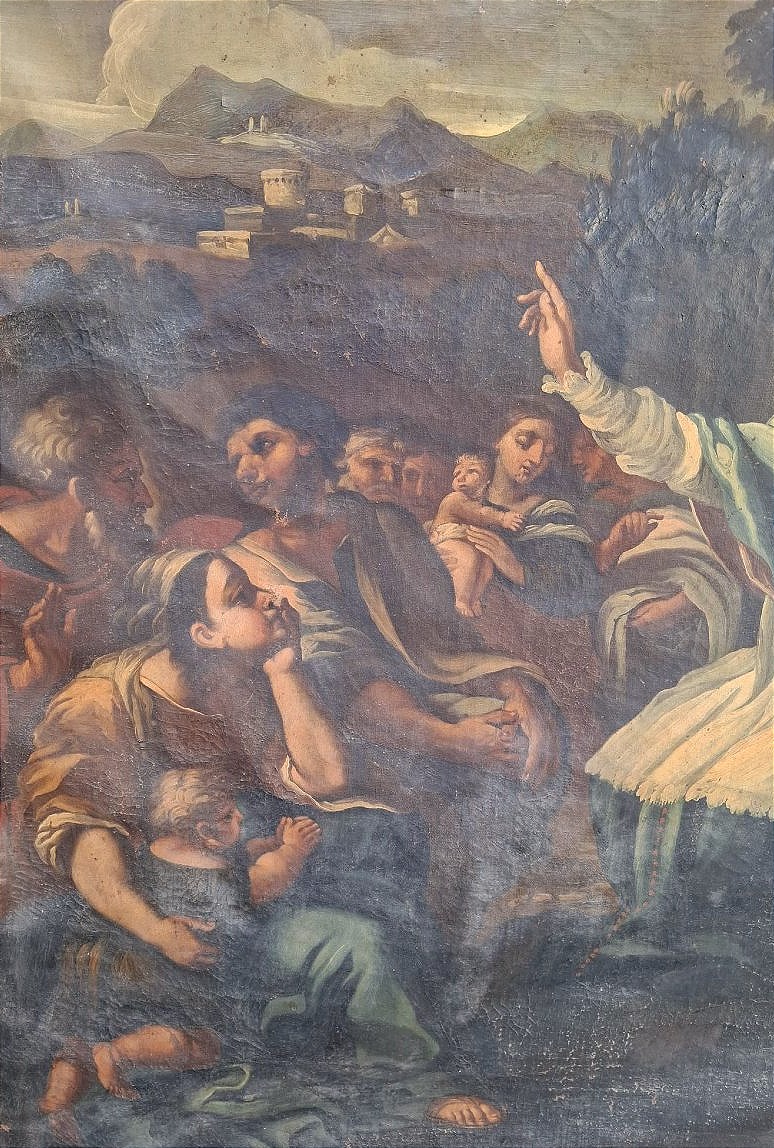 Dipinto in prima tela del XVIIs. Predica di San Francesco di Sales su cornice romana sabbiata -photo-3