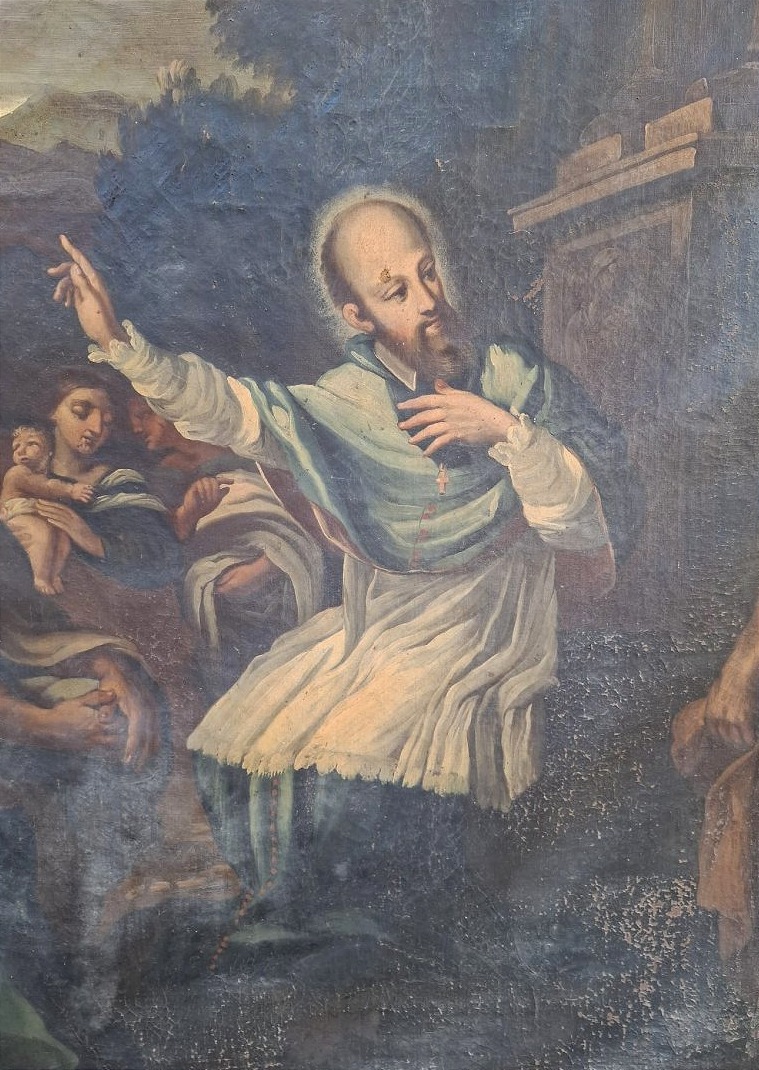 Dipinto in prima tela del XVIIs. Predica di San Francesco di Sales su cornice romana sabbiata -photo-4