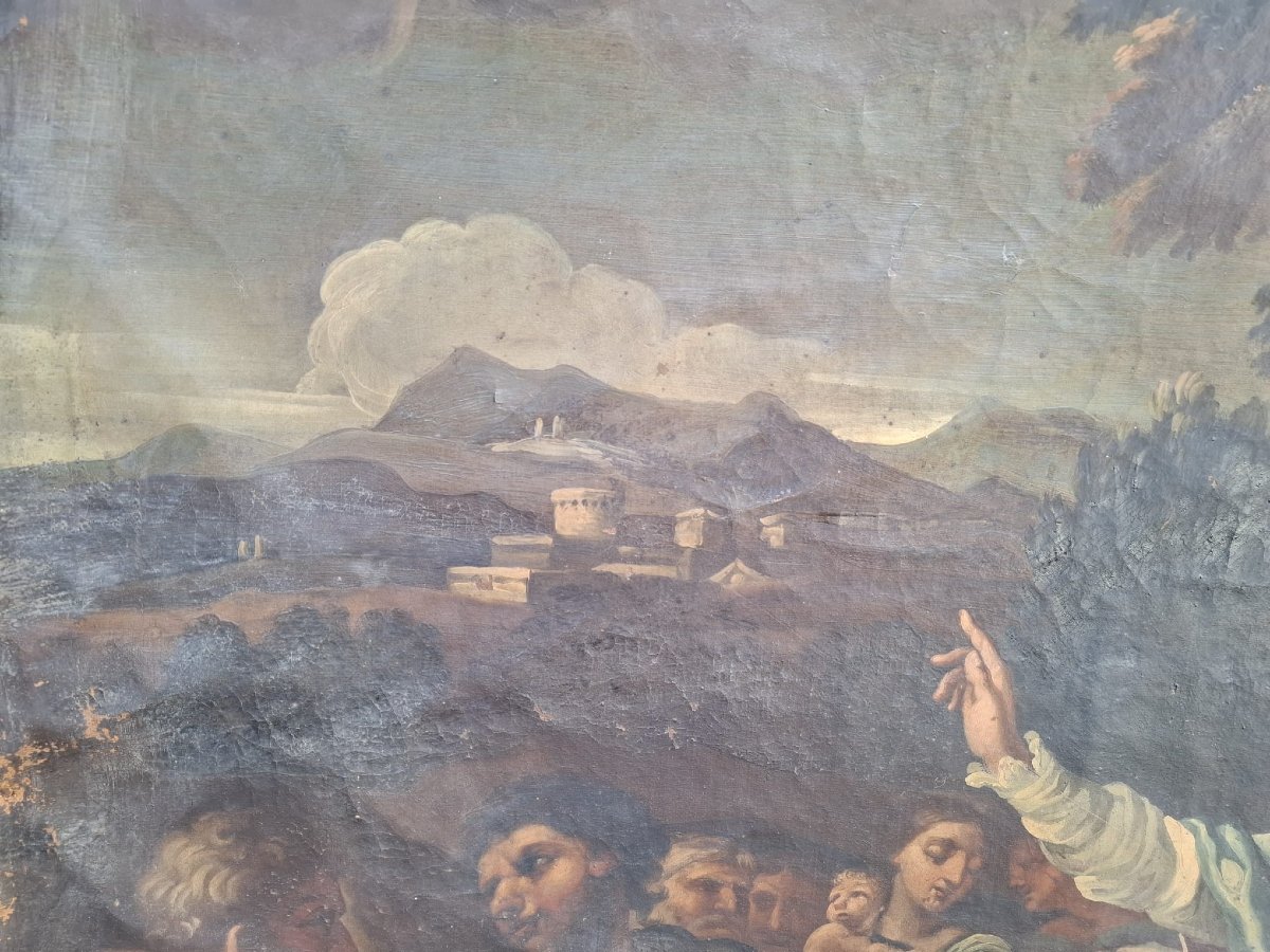 Dipinto in prima tela del XVIIs. Predica di San Francesco di Sales su cornice romana sabbiata -photo-1