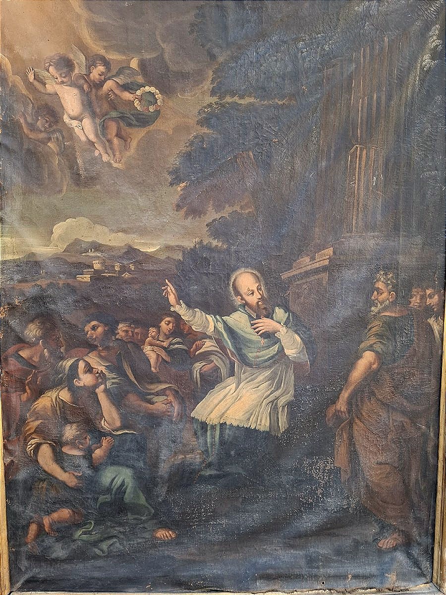 Dipinto in prima tela del XVIIs. Predica di San Francesco di Sales su cornice romana sabbiata -photo-2