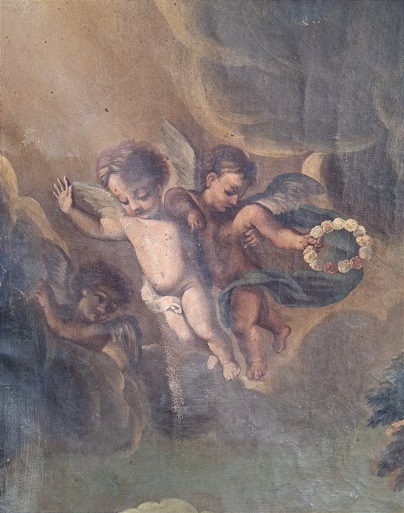 Dipinto in prima tela del XVIIs. Predica di San Francesco di Sales su cornice romana sabbiata -photo-3