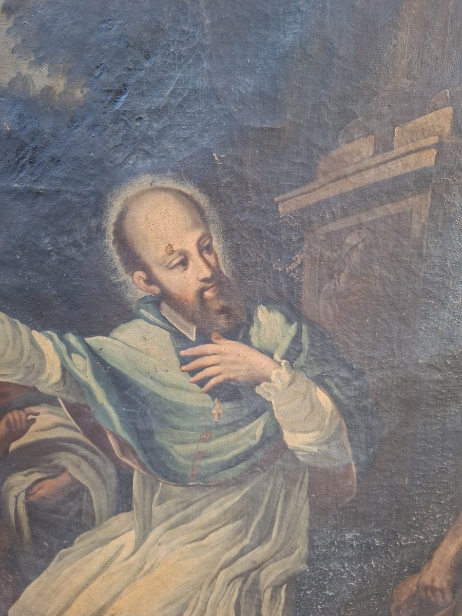 Dipinto in prima tela del XVIIs. Predica di San Francesco di Sales su cornice romana sabbiata -photo-6