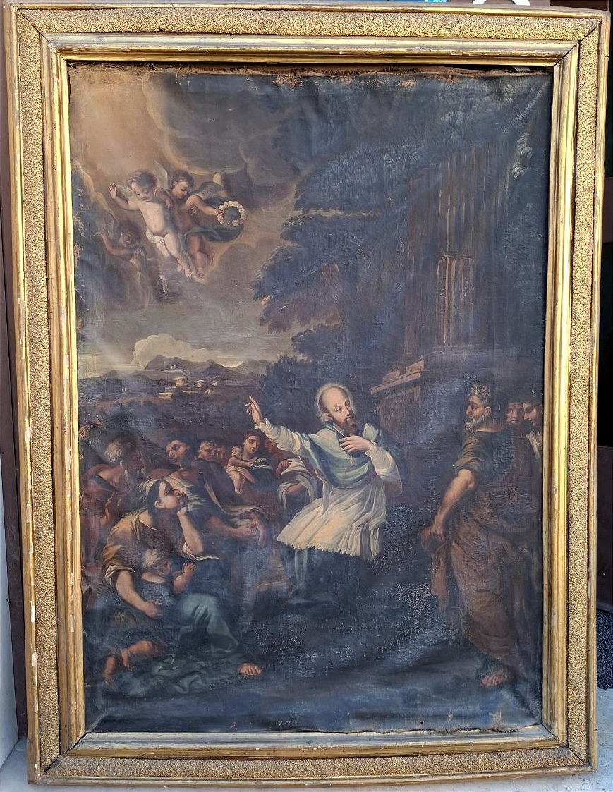 Dipinto in prima tela del XVIIs. Predica di San Francesco di Sales su cornice romana sabbiata 