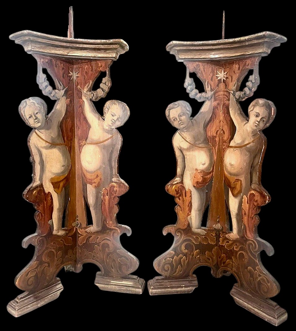 Rara coppia di candelieri reggi-cero da palazzo. Toscana, metà del XVII secolo.