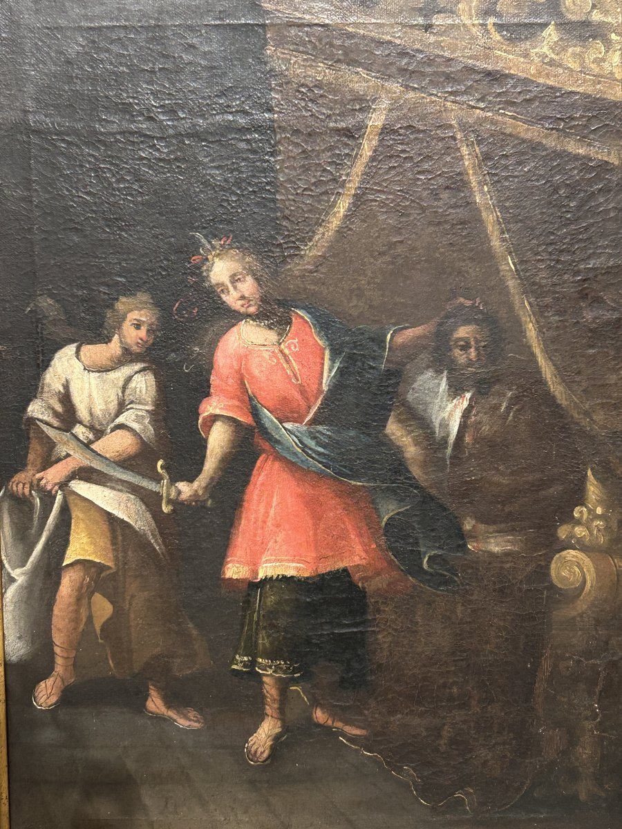 Olio su tela con cornice coeva raff. Giuditta con la testa di Oloferne-photo-3